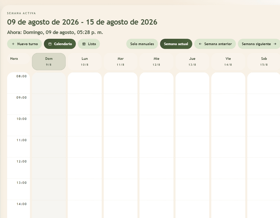 Vista semanal de la agenda de turnos en Avenna