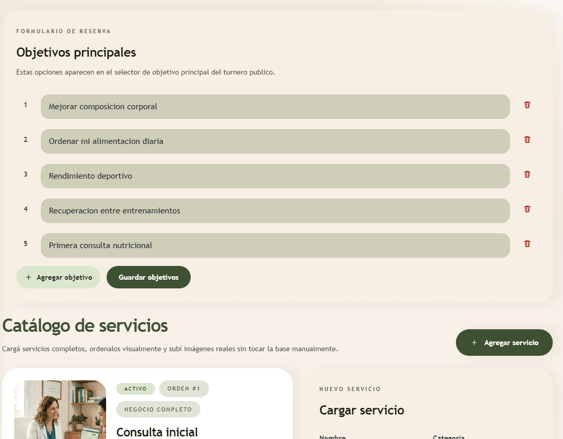 Panel de administración del catálogo de servicios en Avenna